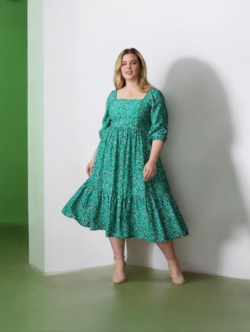 Draper James Green Floral Square-Neck Midi Smocked Dress XXL